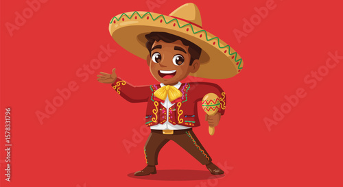 Cheerful Mexican Charro with Maracas and Sombrero against Red Backdrop
