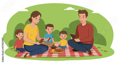 Family enjoying a picnic with books and food in a colorful and serene outdoor setting