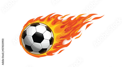 Fiery Football: A Dynamic Illustration of a Soccer Ball Engulfed in Flames on White Background