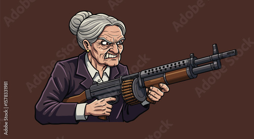 Grinning Elderly Woman Holding a Firearm Cartoon Illustration Isolated on Brown Background