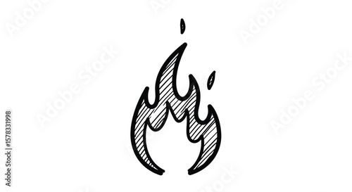 Hand-drawn illustration of stylized fire flames, black and white graphic element