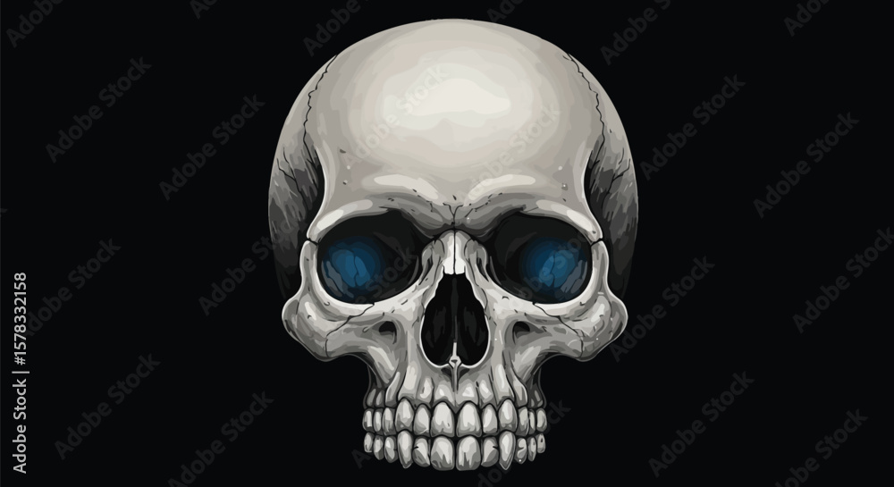 Fototapeta premium Intriguing Digital Art Depicting a Skull with Glowing Blue Eyes Against a Black Background