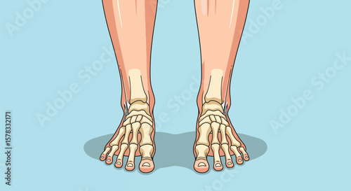 Medical Illustration: Human foot anatomy with visible bones and skin and a soft blue background