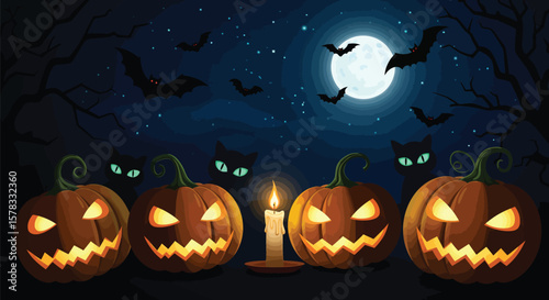 Spooky Halloween Night Scene Featuring Pumpkins, Bats, Cats, and a Glowing Moon