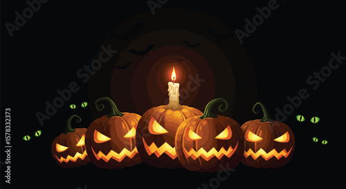 Spooky Halloween Scene Featuring Glowing Pumpkins, Bats, and a Lit Candle in the Darkness
