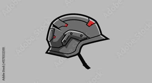 Stylized illustration of a futuristic combat helmet on a gray background