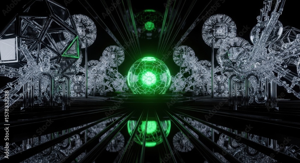 Obraz premium Abstract Neon Green Crystal Sphere Futuristic Cyberpunk Cityscape Reflection Art