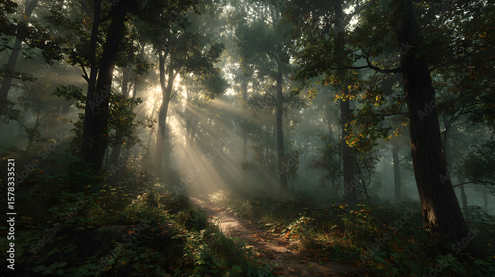 Naklejka premium forest, tree, sun, nature, sunlight, light, trees, morning, landscape, fog, autumn, mist, green, wood, road, park, ray, path, woods, sunrise, summer, sunbeam, misty, leaf, fall