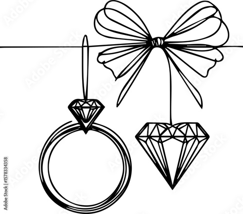 Line art of diamond ring and pendant with bow  