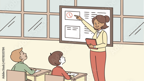 Cartoon vector illustration of a woman teacher and school children working at a desk in a classroom
