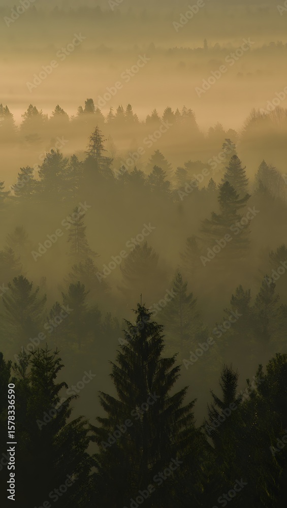 Fototapeta premium Misty forest landscape photography, scenic nature views, foggy trees, woodland background image