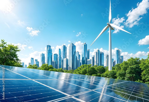 Sustainable City Skyline with Solar Panels and Wind Turbines