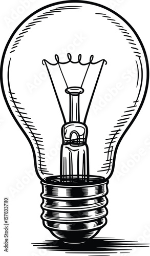 Vintage Light Bulb Sketch, Hand Drawn Edison Lamp Illustration.


