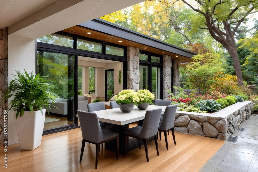 Fototapeta premium Dining table on a modern patio overlooking beautiful garden