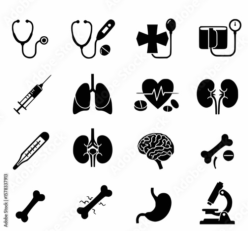 Medical Diagnostics & Anatomy Icons: Tools, organs, and symbols for healthcare and scientific study."