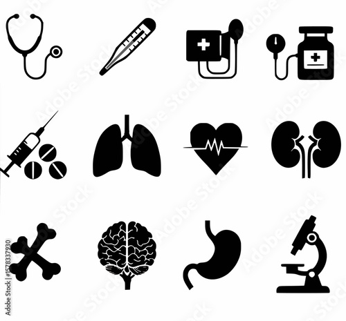 Medical & Healthcare Icons: Essential tools, organs, and symbols for diagnosis and treatment."