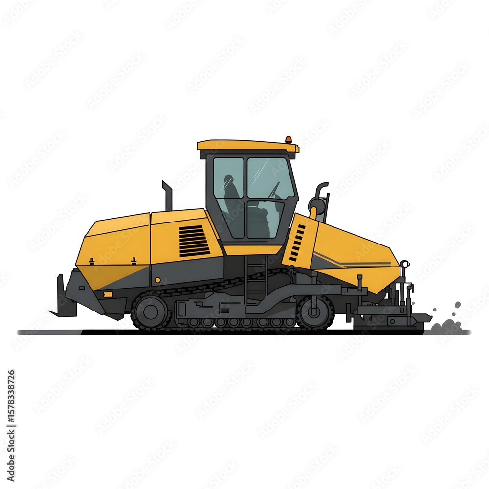 Fototapeta premium A vibrant yellow asphalt paver diligently laying a fresh blacktop surface on a road. An illustrative image capturing the essence of road construction and infrastructure development.