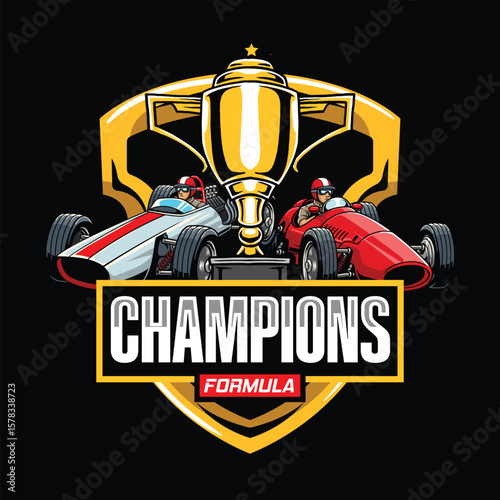 Two classic hyperspeed race cars speeding beside a golden trophy, framed by a bold "Champions" title and shield emblem