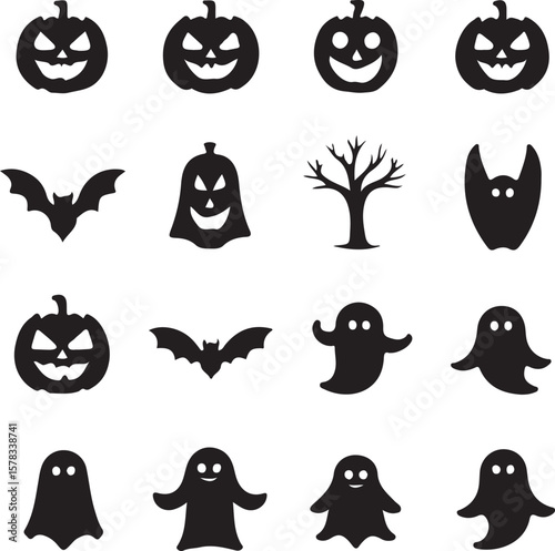 Halloween Icons Pumpkins, Bats, Ghosts, and Spooky Tree Silhouettes