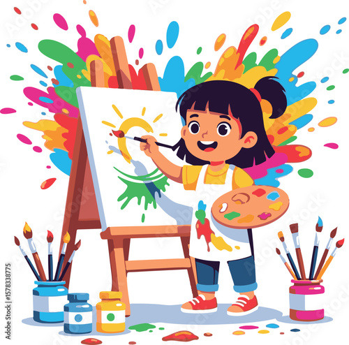 Happy childhood moment of a little girl painting with a brush, creating fun art