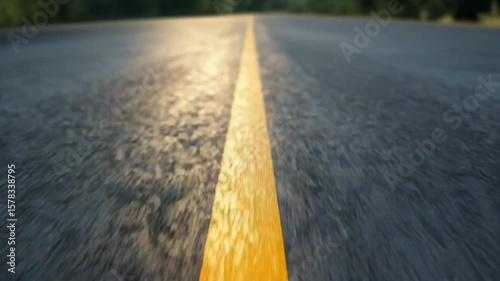 Close up of asphalt road with yellow stripe at sunset
