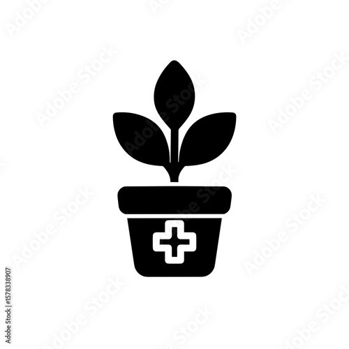 Medical plant in pot icon symbolizing natural healing, filled icon