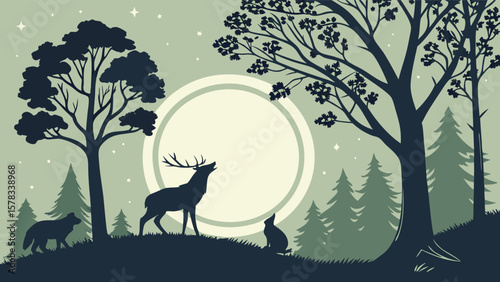 Vector illustration of a wild forest landscape at night with deer silhouettes and a moon in the sky