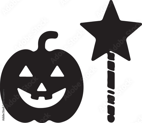 Spooky Halloween Jack-o'-lantern and Star Wand Silhouette