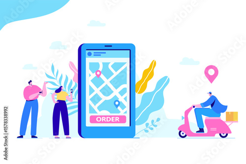 Illustration of online delivery with giant smartphone map, scooter courier and customers using app. Suitable for delivery promotions and ecommerce services.