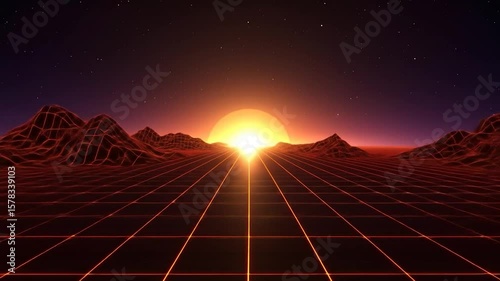 Synthwave sunset over wireframe hills