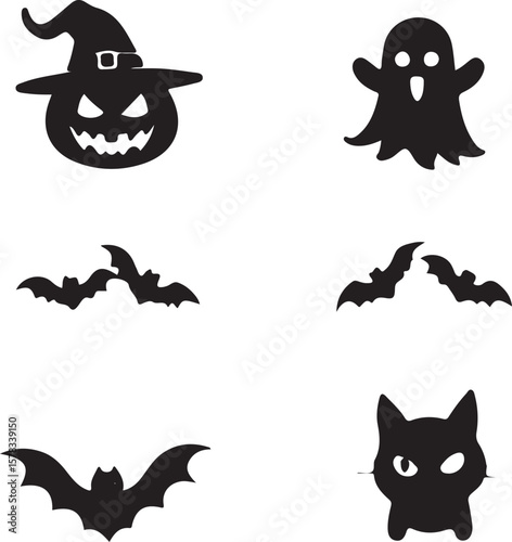 Spooky Halloween Icons Jack-o'-lantern, Ghosts, Bats, and Black Cat Silhouettes