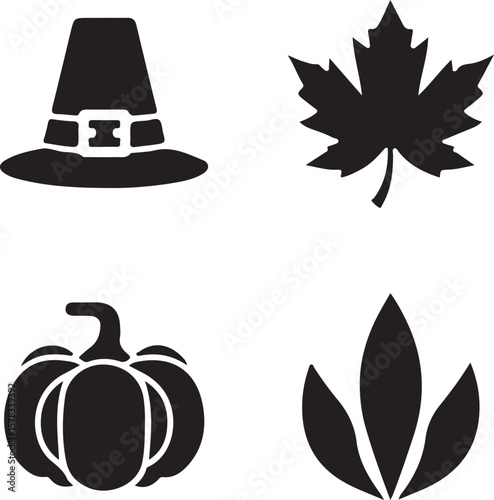 Thanksgiving Icons Hat, Maple Leaf, Pumpkin, Autumn Leaves Silhouette Graphics