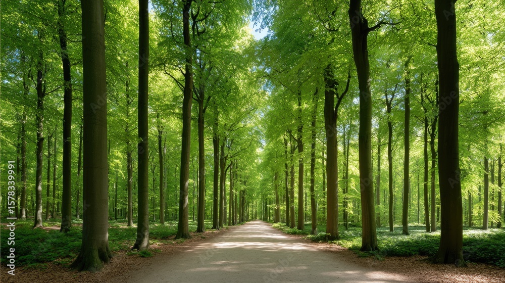 Fototapeta premium Serene Pathway Through Lush Green Forest Under Bright Sunlight Illuminating Tall Trees