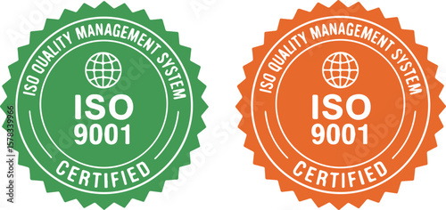 ISO 9001 certified vector badge in green and orange isolated on white background