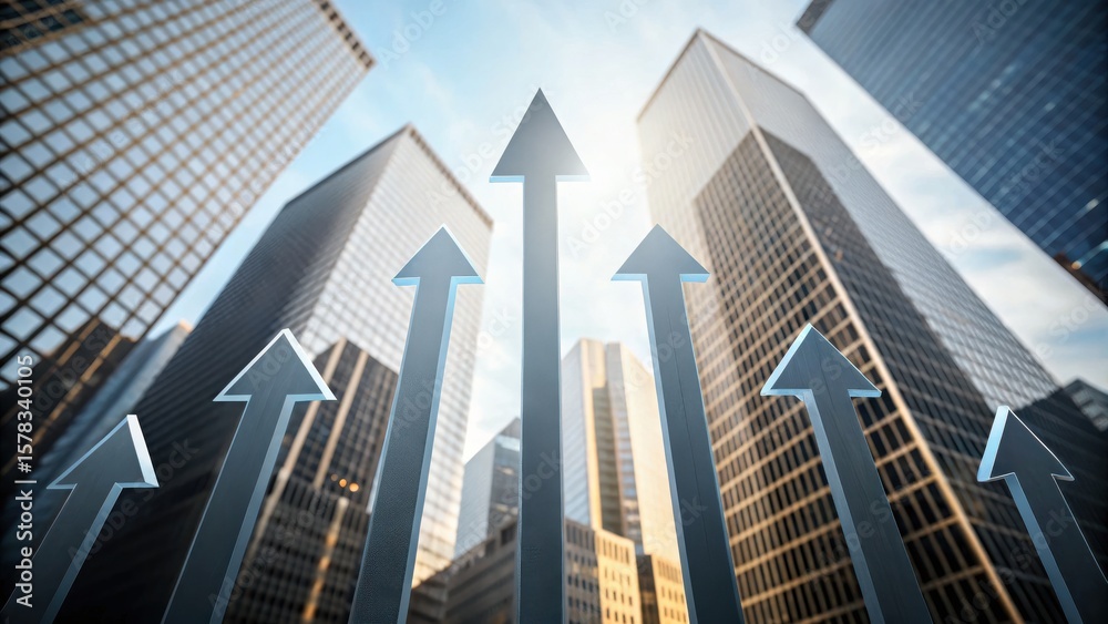Obraz premium Skyscrapers with upward arrows symbolize growth and success in a corporate environment.