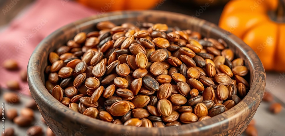 Fototapeta premium A rustic bowl overflowing with roasted pumpkin seeds, crispy, background