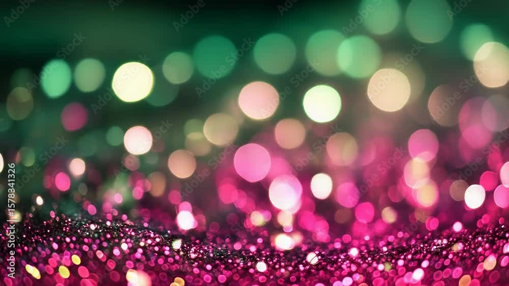 Glittering pink and green bokeh background creating festive atmosphere