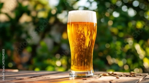 Tall glass of golden beer with white foam, sitting on a wooden surface against a blurred green background