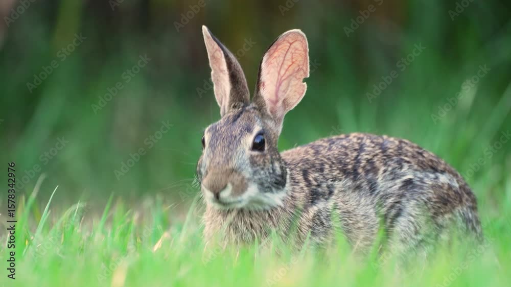Wild rabbit in nature. Grey small hare eating grass on Florida backyard