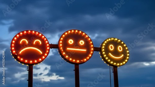 Three illuminated signs display different neon-lit facial expressions against a cloudy evening sky