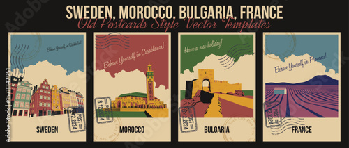 Sweden, Morocco, Bulgaria, France Main Attractions Postcard Set. Stockholm Old City, Kaliakra Fortress, Provence Fields of Lavender, Casablanca Mosque Illustrations. Retro Style Greeting Cards