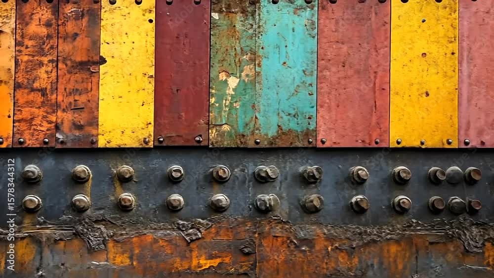 Colorful rustic metal background with rivets and peeling paint surface texture