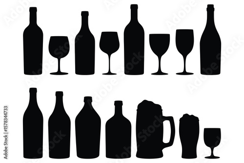 Black silhouettes of bottles and glasses wine glass