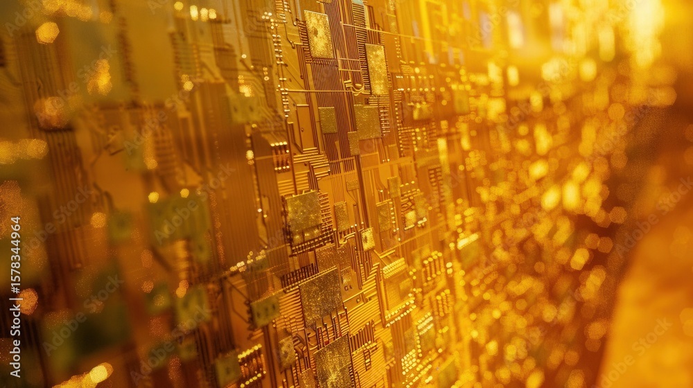 Obraz premium macro photography of microchip with golden circuitry shallow depth .