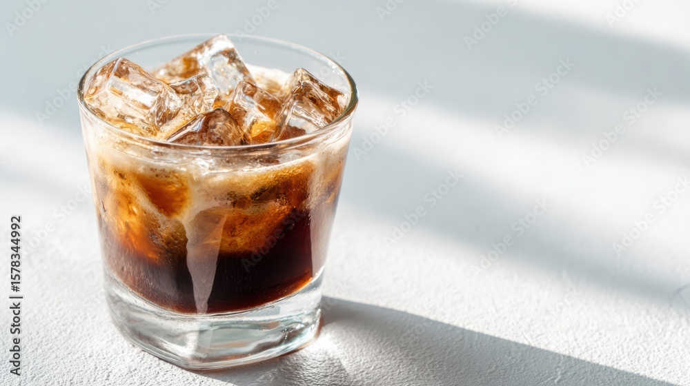 Refreshing iced drink in a clear glass, garnished with ice cubes and sunlight to create a vibrant atmosphere. Refreshing iced drink in a clear glass, garnished with ice cubes and sunlight to create a vibrant atmosphere.