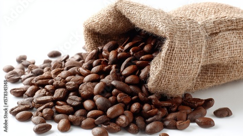 Rich brown coffee beans spilling from a burlap sack, showcasing their texture and aroma in a vibrant display.