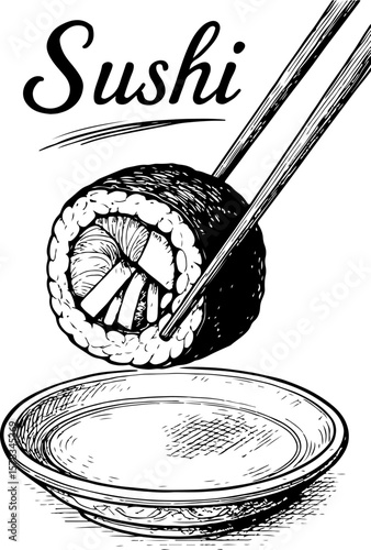 A hand-drawn illustration of a sushi roll being lifted with chopsticks, poised above a small dish of soy sauce.