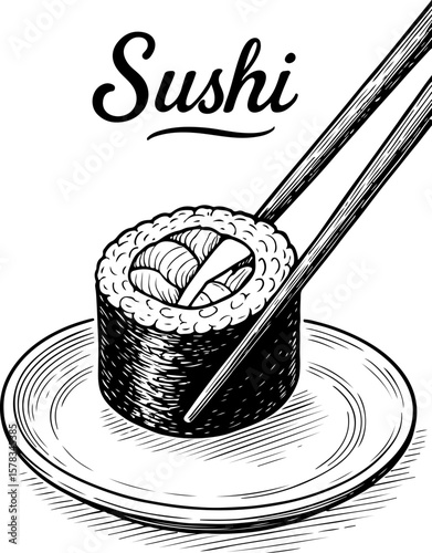 Illustration of a single sushi roll on a plate, held by chopsticks.