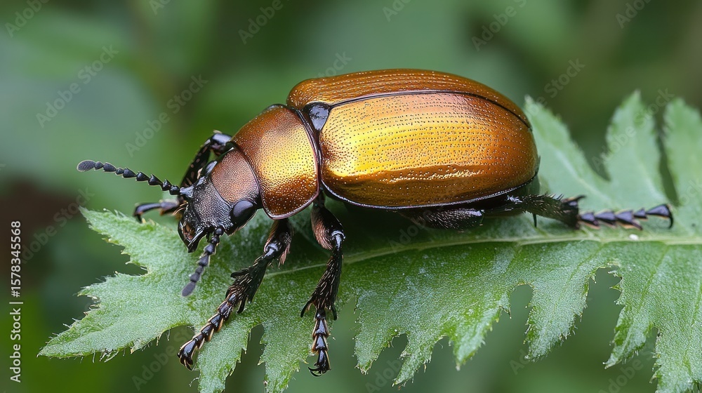 Naklejka premium Close-up of a golden beetle on a leaf (1)