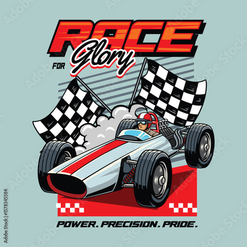 Retro race car with bold red stripe, checkered flags, and race for glory typography in cartoon illustration